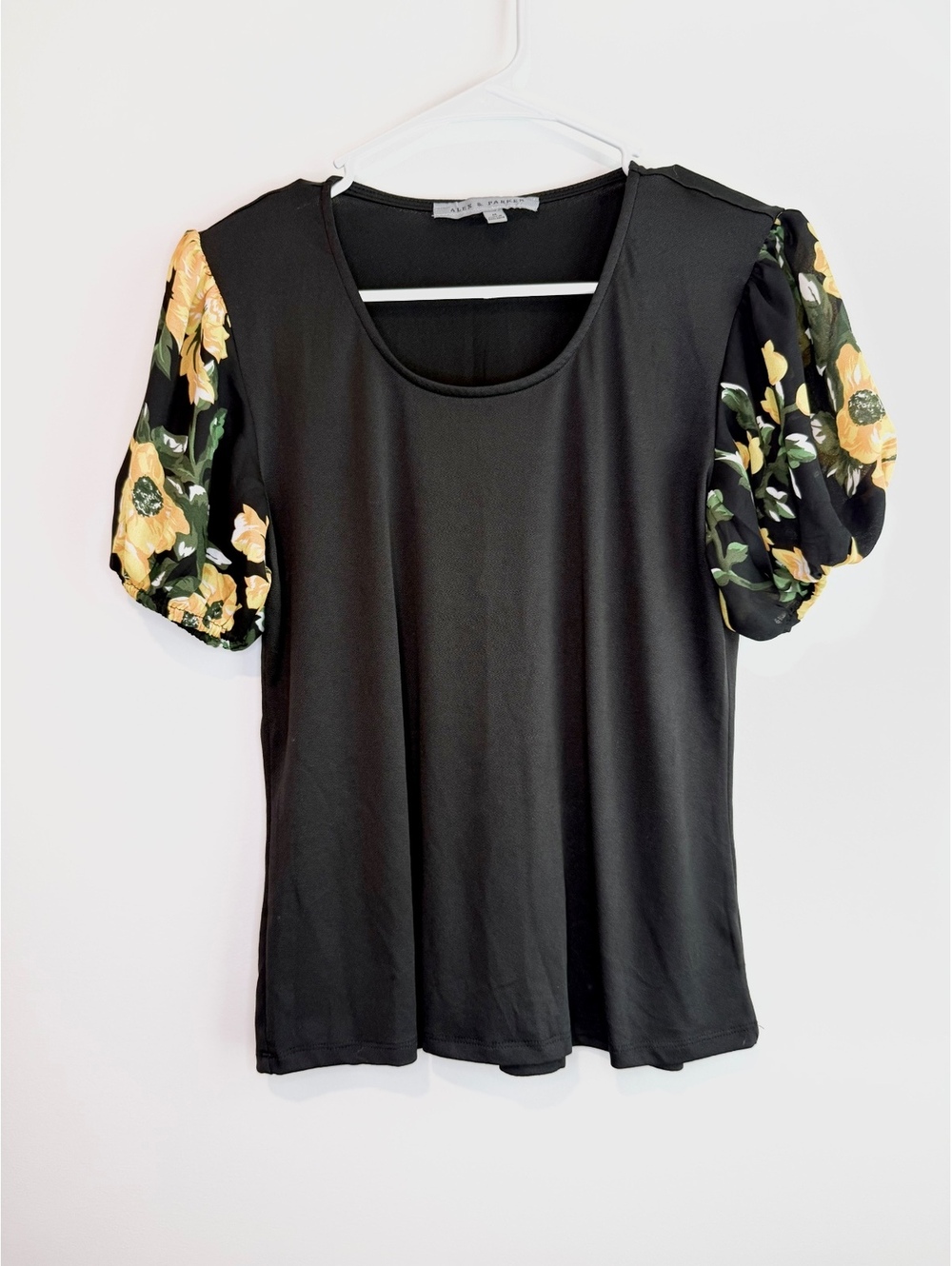 Alex & Parker Black Top with Floral Puff Sleeves, Size M